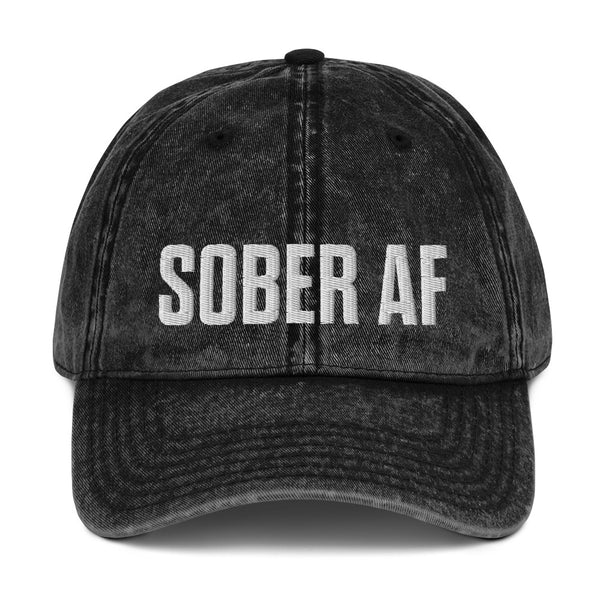 Sober AF Dad Hat — White on Vintage Cotton Twill Black