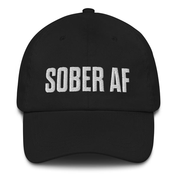 Sober AF Dad Hat — White on Solid Black